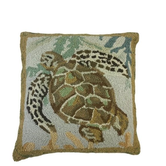 Square Sea Turtle Wool Rug Top Decorative Throw Pillow 17x17 Ocean Nautical Sea - Picture 1 of 10